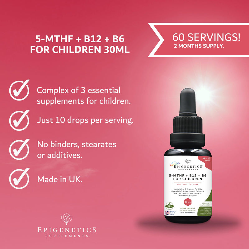 5-MTHF + B12 + B6 for Children 30ml | Active Methylfolate Drops with Quatrefolic® | Methyl B12 & P5P Vitamin B6 | Child-Friendly Liquid Formula | UK Made
