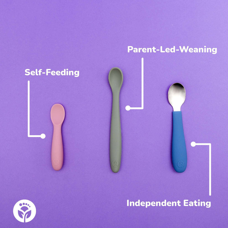 WeeSprout Toddler Utensils, 3 Forks & 3 Spoons, 18/8 Stainless Steel & Food Grade Silicone, Thick Easy-Grip Handles, Perfect Length For New Self Feeders, Gentle On Gums & Teeth, Dishwasher Safe Matte Dark Gray, Blue, Green