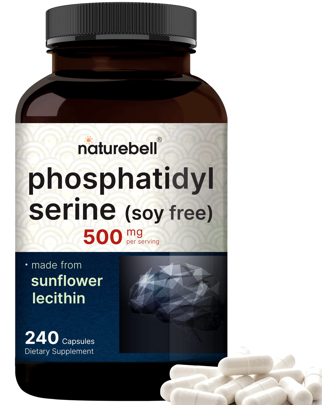 Ultra Strength Phosphatidylserine Supplement 500mg Per Serving, 240 Capsules | Soy Free, Derived from Sunflower Lecithin – Supports Cognitive Health and Brain Function – Non-GMO