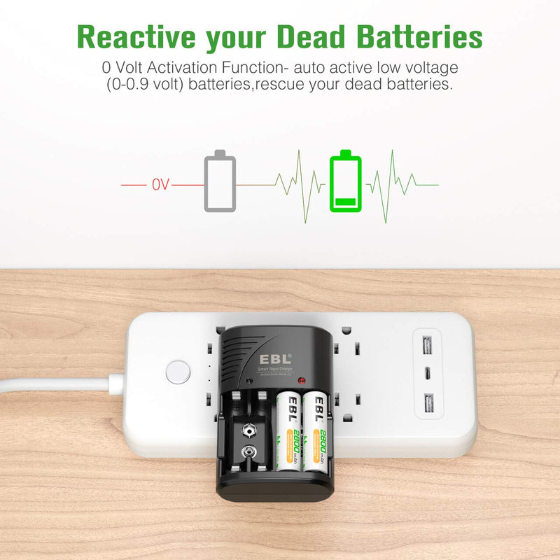 EBL Rechargeable AA Batteries 4 Pack, Precharged Double A Battery 2800mAh and AA AAA Battery Charger with Foldable Wall Plug 4AA Battery + Charger