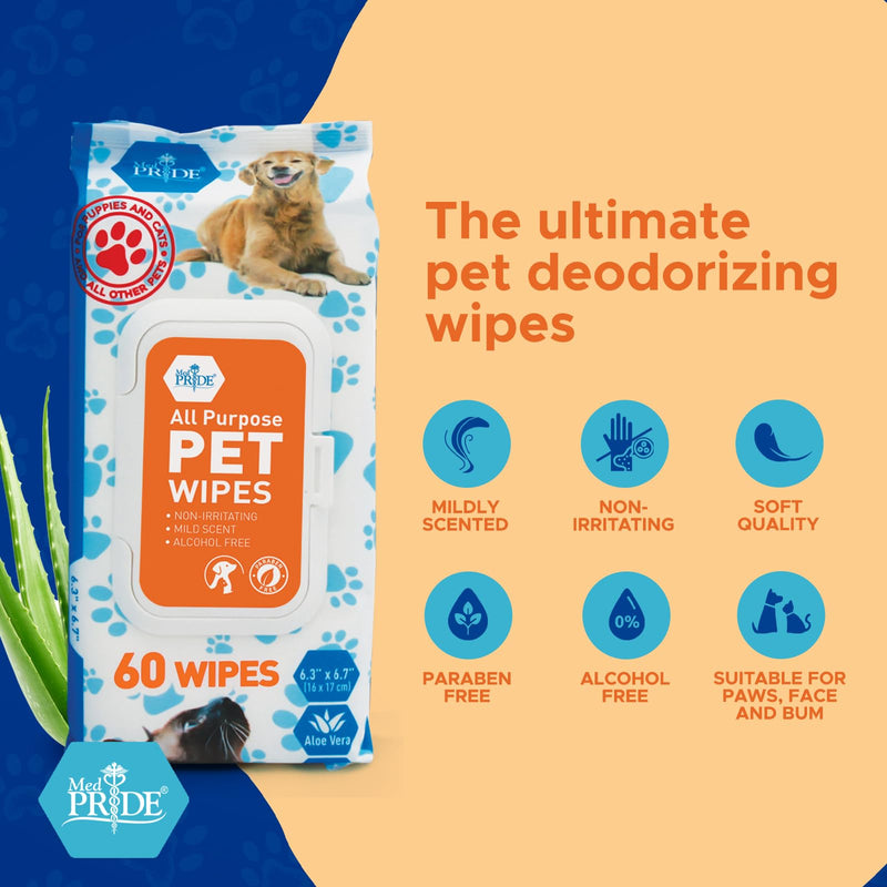 MED PRIDE Pet Wipes for Dogs & Cats [Pack of 60]- Hypoallergenic Cleaning Deodorizing Dog Wipes with Aloe Vera- Alcohol and Paraben-Free Pet Wipes- Extra Soft Cat Bathing Wipes for Fur Pack of 60 - PawsPlanet Australia