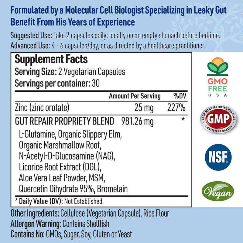 [Australia] - Leaky Gut Repair Maximum Support Gut Health L-Glutamine, Slippery Elm for IBS, Heartburn Relief, Non-GMO for Women & Men, 60 Caps Leaky Gut 60 Count (Pack of 1) 