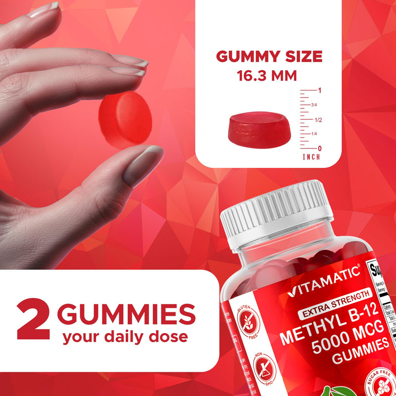 Vitamatic Extra Strength Vitamin B12 5000 mcg (Methylcobalamin) Gummies – 120 Count – Natural Cherry Flavor – Energy & Nervous System Support