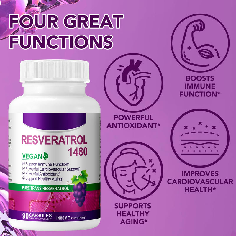Resveratrol Supplement 1480mg, 90 Capsules High-Potency Trans-Resveratrol Supplement for Heart, Skin, and Anti-Aging Antioxidant