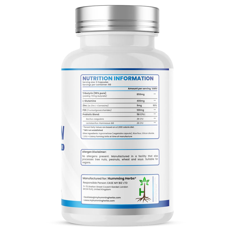 Humming Herbs Tributyrin Complex – 120 Vegan Capsules (60 Days) | 95% Pure Tributyrin, L-Glutamine, Zinc (as Zinc-L-Carnosine), Prebiotic FOS & Probiotic Blend