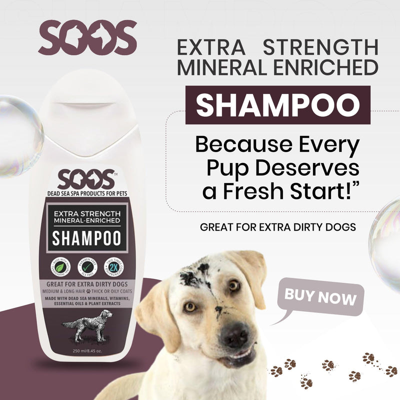 Soos Pets Shampoo Extra Strength for Cat and Dog Shampoo Natural Dead Sea Mineral Enriched Fast Absorbing with Vitamins Essential Oils Natural Ingredients Antib-acterial - 1x 250ml - PawsPlanet Australia