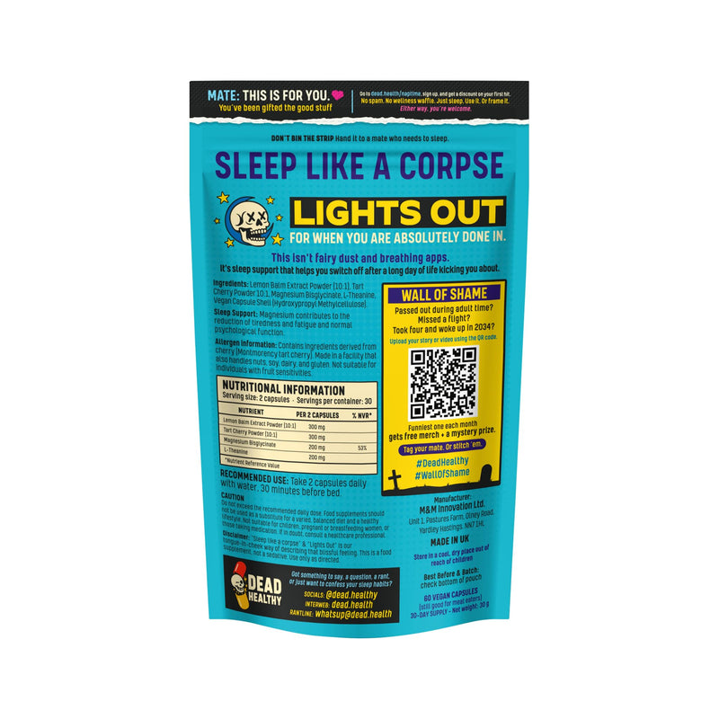 Lights Out – Premium Night-Time Sleep Support with Magnesium, L-Theanine, Lemon Balm & Tart Cherry – 60 Vegan Capsules – Made in the UK