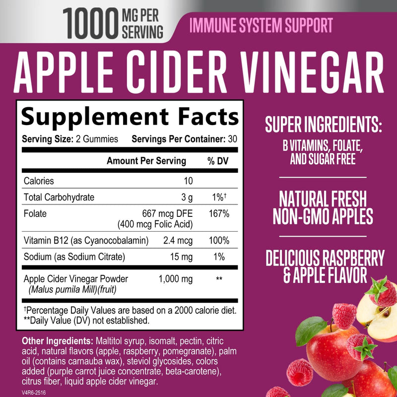 Apple Cider Vinegar Gummies 1000mg per Serving - Sugar Free Max Strength ACV Gummy Vitamins Supplement, Advanced Formula, Vitamin B12 Supports Metabolism & Energy, Keto Friendly, Vegan, 60 Gummies 60 Count (Pack of 1)