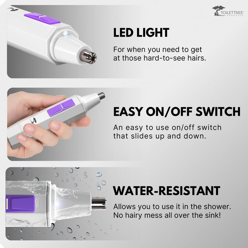 ToiletTree Products Nose Hair Trimmer for Women with LED Light - with Stainless Steel Blades, Water Resistance - Ear Nasal Hair Cutter/Removal White 1 Count (Pack of 1)