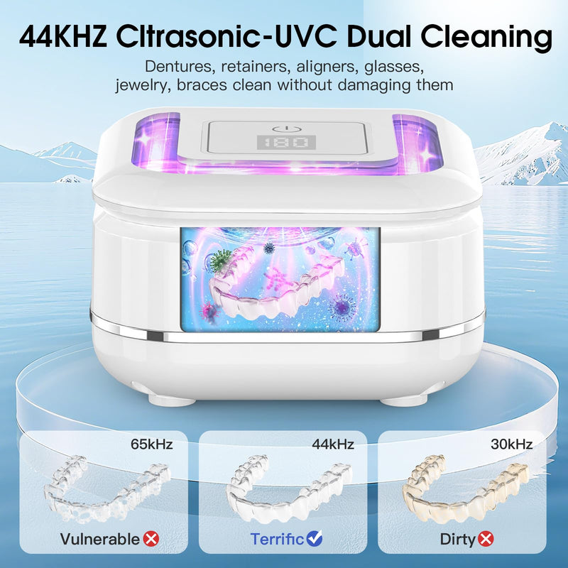HAUSBELL Dental Pod: Ultrasonic Retainer Cleaner, Denture Cleaner Machine with 8 Cleaner Tablets, Aligner Cleaner, Nightguard Cleaner, Mouthguard Cleaner, Ultrasonic Cleaner with Noise-Reduction Lid Ultrasonic Cleaner - White