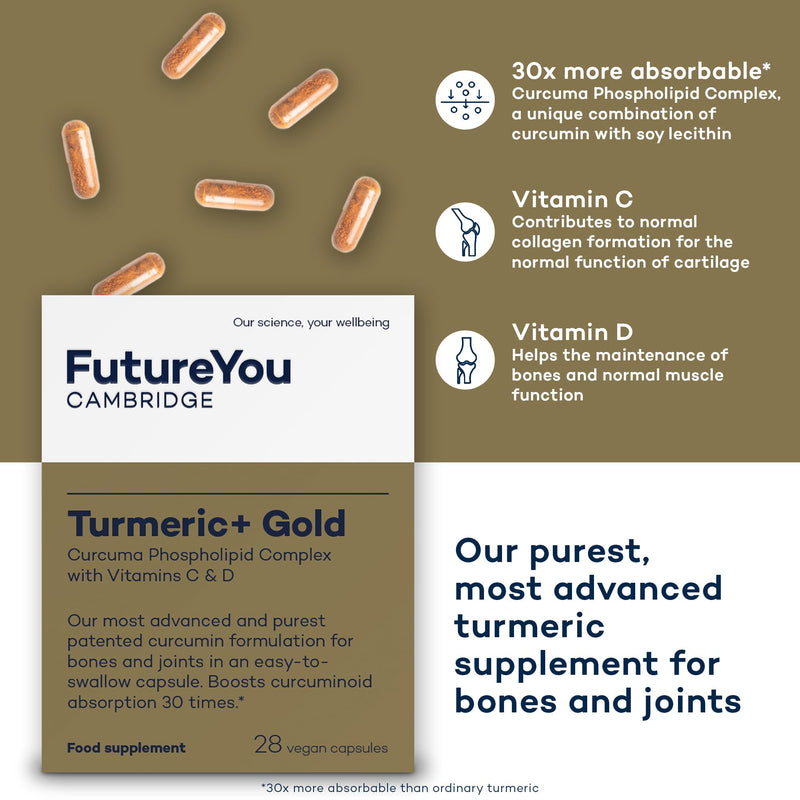 Turmeric+ Gold Supplement – 28 Turmeric Capsules High Strength – Curcumin Capsule Patented Meriva Formulation with Vitamins C & D – Tablets for Bones, Joints & Muscles by FutureYou Cambridge. 1 count (Pack of 28)