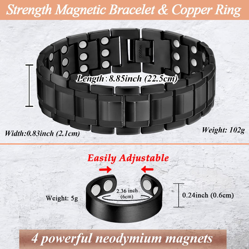 3X Copper Bracelet for Men Triple Ultra Strength Magnets, 99% Pure Copper Magnetic Bracelet & Ring Set with Adjustable Sizing Tool, Father's Day Jewelry Gifts for Men 3X Black