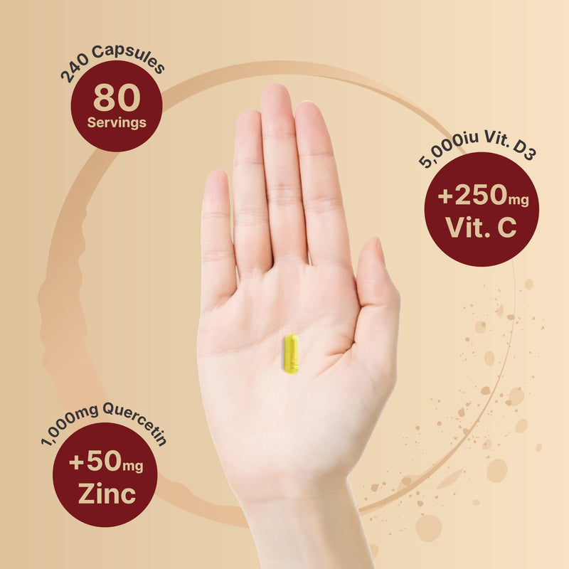 [Australia] - NatureBell Zinc Quercetin with Vitamin C & D3, 240 Capsules | Quercetin 1,000mg + Zinc 50mg + Vitamin C 250mg + Vitamin D3 5,000 IU | 4-in-1 Advanced Immune & Lung Support | ZincVanta Formula 240 Count (Pack of 1) 