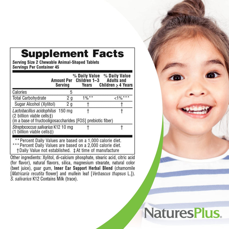 [Australia] - Natures Plus Animal Parade Inner Ear Support Children’s Chewable - Natural Cherry Flavor - 90 Animal-Shaped Tablets - Probiotic Supplement - Gluten Free - 45 Servings 