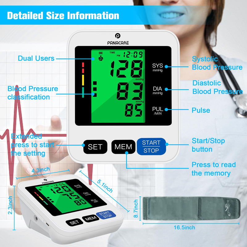 [Australia] - PANACARE 2.0 fully automatic upper arm blood pressure monitor, 3-color large display with backlight German language | 2Users&198Data| Cuff from 22-42cm, blood pressure monitor (Black) Black 