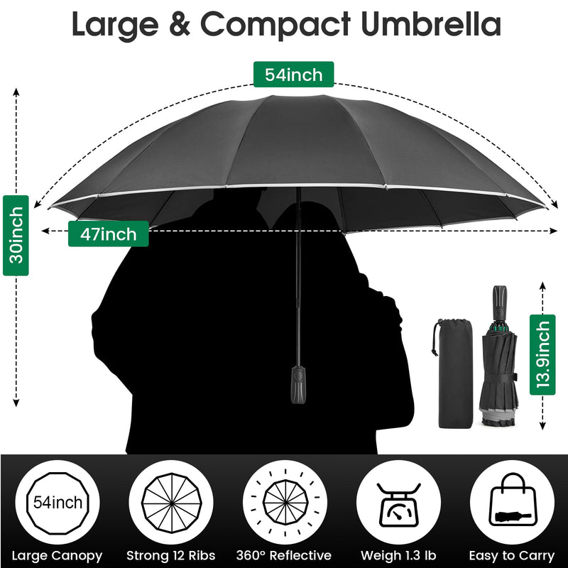 G4Free 42 Inch Eco Windproof Folding Umbrella Wind Resistant + 54 Inch Large Double Layer Inverted 12 Ribs Windproof Umbrella, with Reflective Strip