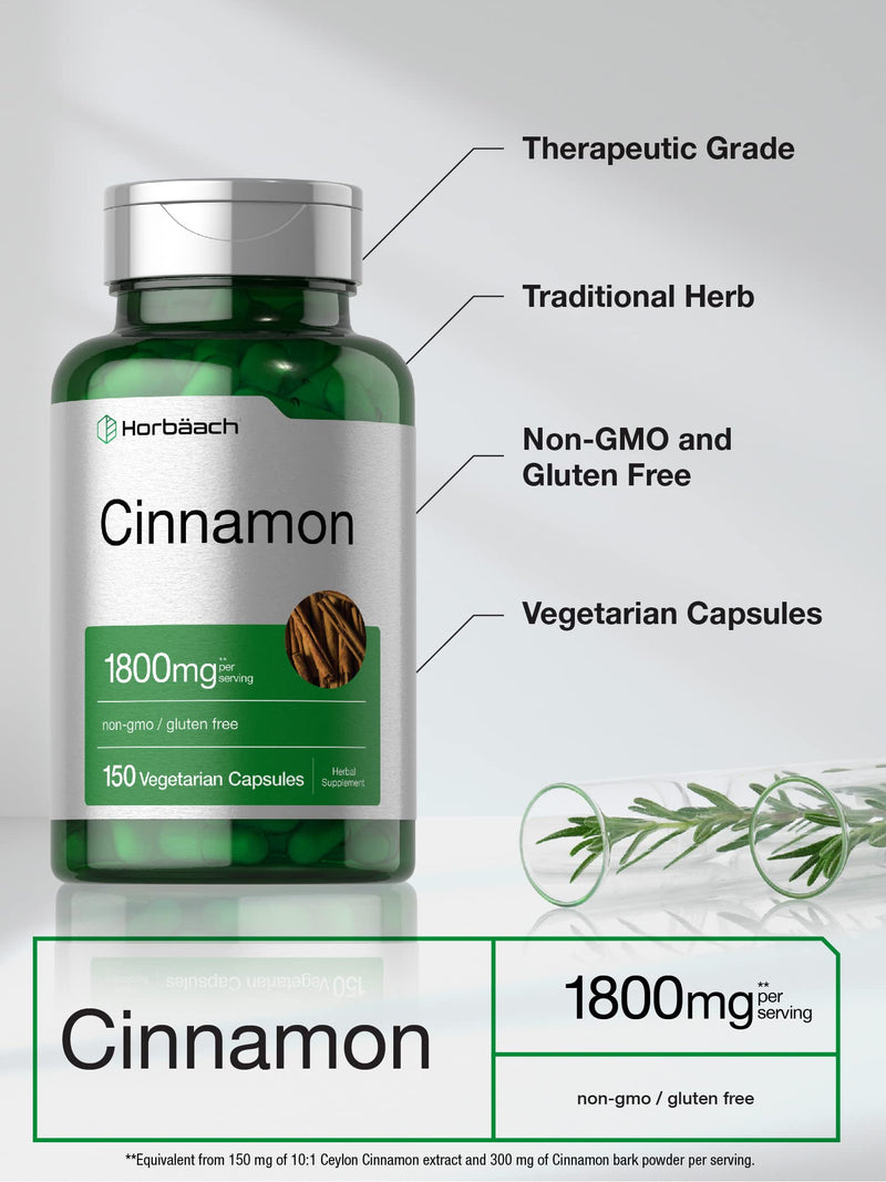 Horbaach Cinnamon Capsules 1800mg | 150 Count | Ceylon Cinnamon Supplement | Vegetarian, Non-GMO, Gluten Free