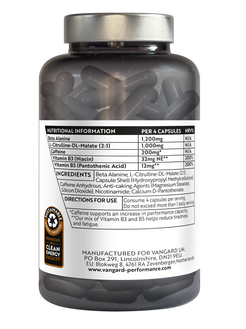 Vangard Essential Power Up Pre Workout Capsules - 15 Servings (60 Capsules), Made with Beta Alanine, Caffeine, Vitamin B3 and B5 to Improve Endurance Performance