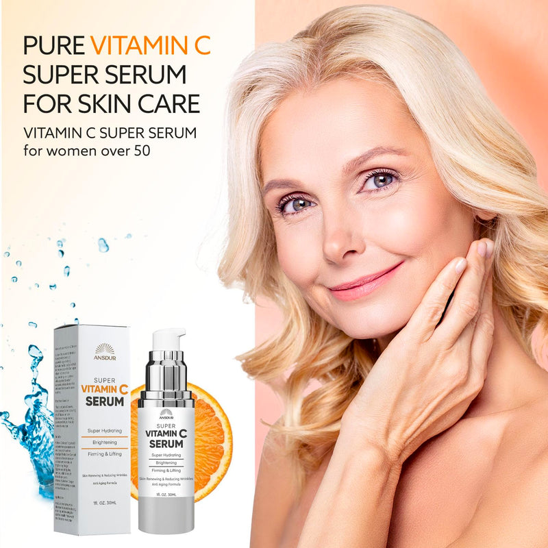 Super Vitamin C Serum for Women Over 70: Vitamin C Face Serum, Niacinamide, Bakuchiol, Hyaluronic Acid, Hydrating, Lifting, Reduces Aging Spots and Wrinkles - Korean Skin Care, 1 fl oz