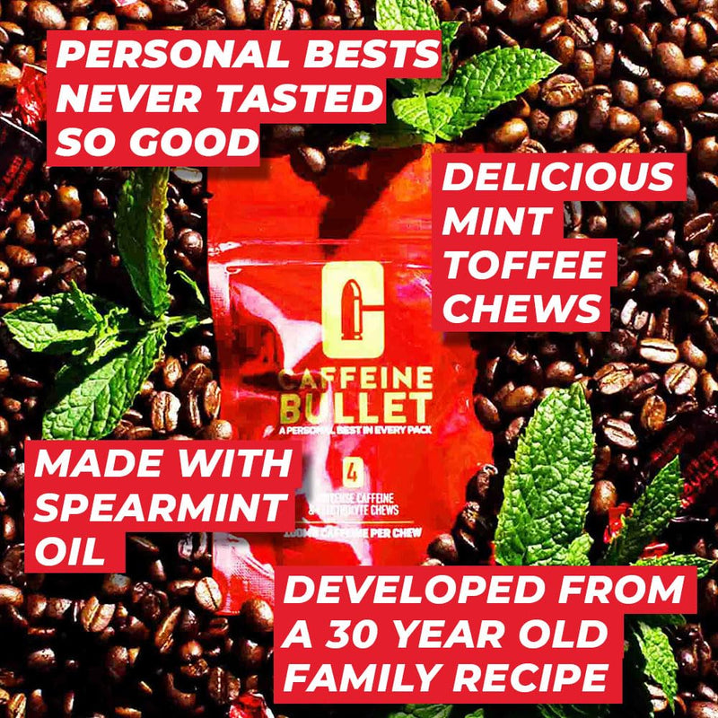 [Australia] - Caffeine Bullet 40 Mint Caffeine Gummies for Adults = 4000mg Caffeine Kick, Faster Than Running gels & Energy Chews, mid Race, Cycling, Gaming and Endurance Sports chewable Energy Boost 1 Bag - 40 Caffeine Chews 