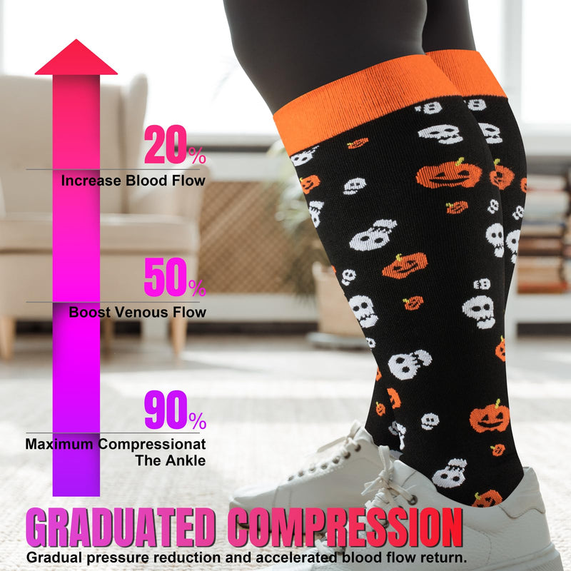 [Australia] - Halloween Plus Size Compression Socks Wide Calf for Women & Men 20-30 mmhg-Extra Wide Calf Knee High Support Socks for Nurse XX-Large 01-halloween Plus 