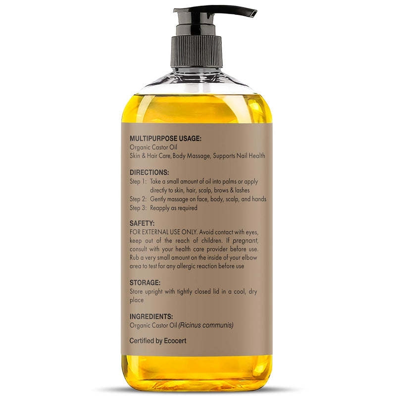 [Australia] - MAJESTIC PURE USDA Organic Castor Oil | Hexane Free & 100% Pure | Cold Pressed | Stimulate Growth for Hair, Eyelashes, Eyebrows, Nails | Body, Hair & Carrier Oil | 8oz 8 Fl Oz (Pack of 1) Castor Usda 
