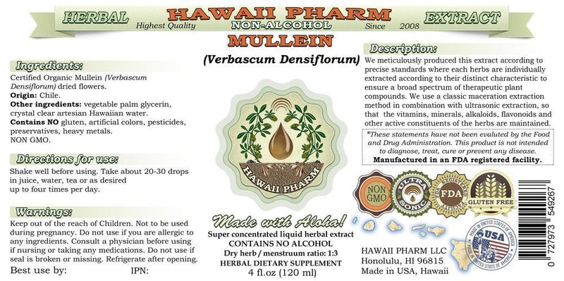 [Australia] - Hawaii Pharm Mullein Alcohol-Free Liquid Extract, Organic Mullein (Verbascum densiflorum) Dried Flower Glycerite Natural Herbal Supplement, USA 2 oz QTY 1 2 Fl Oz (Pack of 1) 