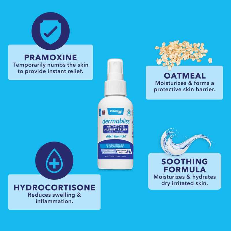 VETNIQUE Dermabliss Anti Itch Relief Dog Spray (4oz) & Glandex Anal Gland Support Soft Chew Treats with Pumpkin for Dogs (60ct Pork) Bundle - PawsPlanet Australia