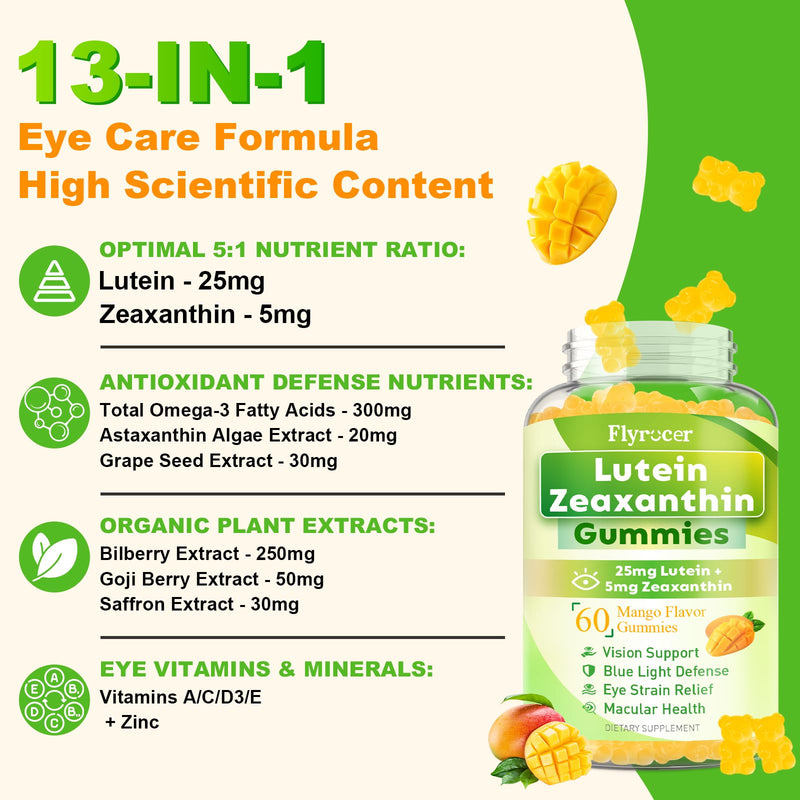 [Australia] - Sugar Free Lutein Gummies 25mg, Lutein and Zeaxanthin Supplements for Eye Health, 13-in-1 Eye Care Formula with Omega-3 Bilberry Saffron & Vitamins-Vision Health, Eye Strain, Dry Eyes, Vegan 60 Count Mango 60 Count (Pack of 1) 