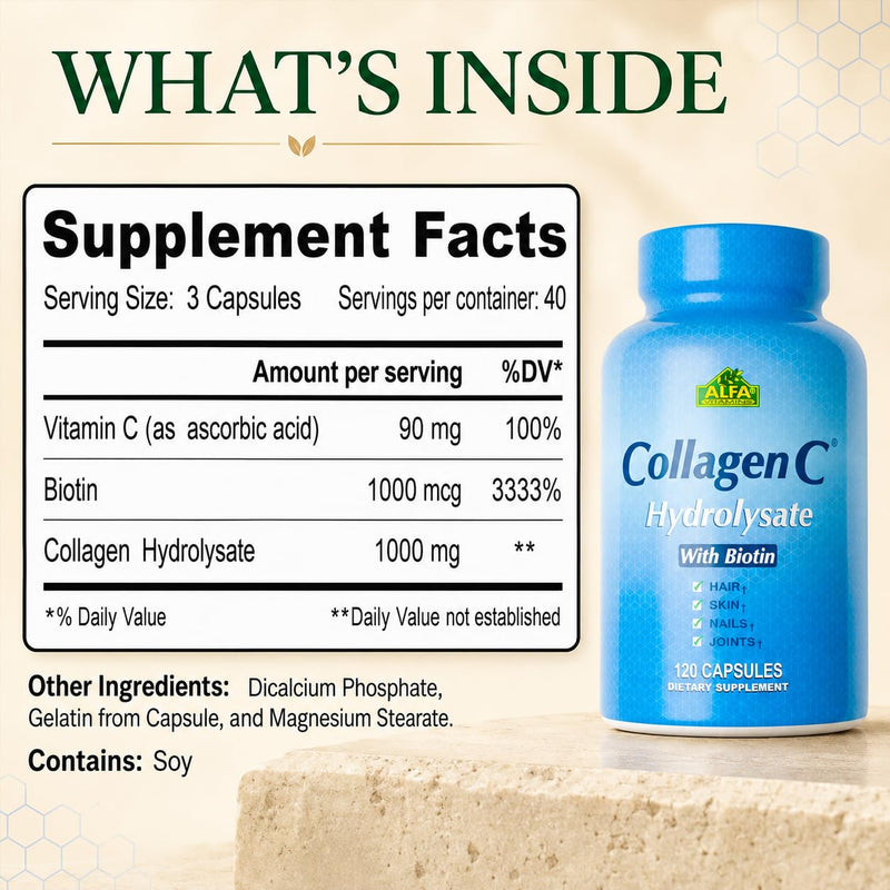 Premium Collagen Hydrolysate By Alfa Vitamins - Anti-Aging Nutritional Supplement Rich In Vitamin C - Skin, Nails & Hair Rejuvenation - Supports Bone & Muscle Health - Made In USA - 120 Capsules 120 Count (Pack of 1)