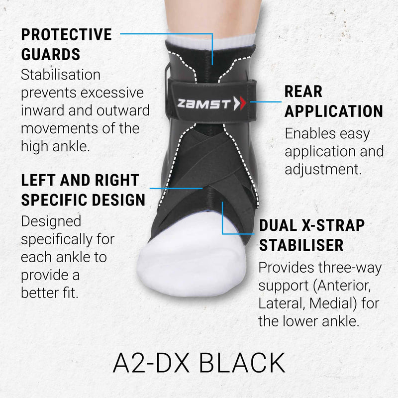 [Australia] - Zamst A2-DX Sports Ankle Brace with Protective Guards For High Ankle Sprains and Chronic Ankle Instability-for Basketball, Volleyball, Lacrosse, Football-Black, Size, Right and Left Specific Medium - Right Black 