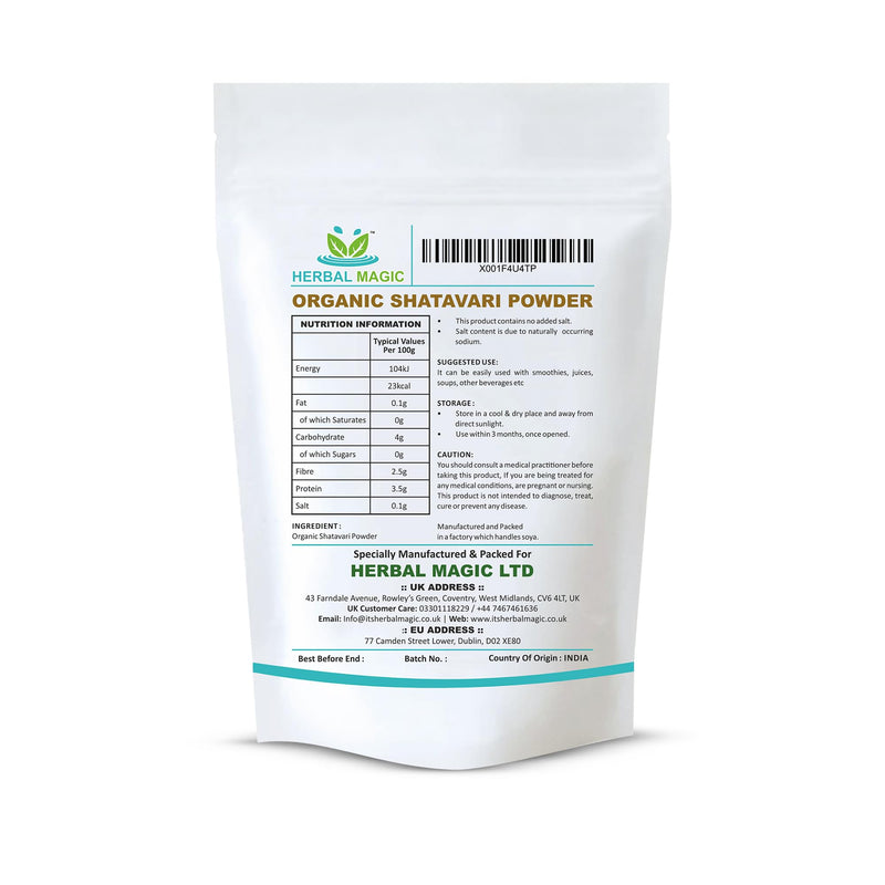 Herbal Magic's Organic Shatavari Root Powder(Asparagus racemosus)-Prized Herb in Ayurveda-Plant of 100 Roots superfood Combi with Milk& Honey - Free from Fillers&Preservatives-300g