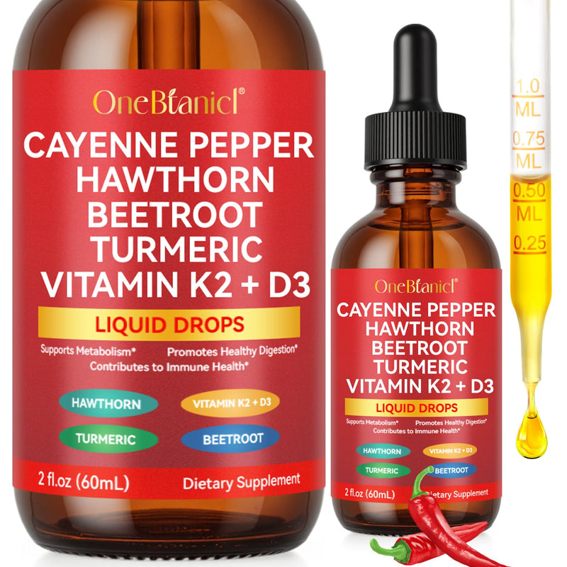 [Australia] - Cayenne Pepper Drops, Liquid Cayenne Pepper Organic, Cayenne Health Supplements, Cayenne Pepper Hawthorn Beet Root Turmeric Curcumin, Vitamin K2 & D3, Vegan-Friendly- 2 Fl Oz 2 Fl.Oz(Pack of 1) 