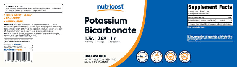 Nutricost Potassium Bicarbonate Powder 1 LB - Gluten Free, Non-GMO Unflavored 1 Pound (Pack of 1)