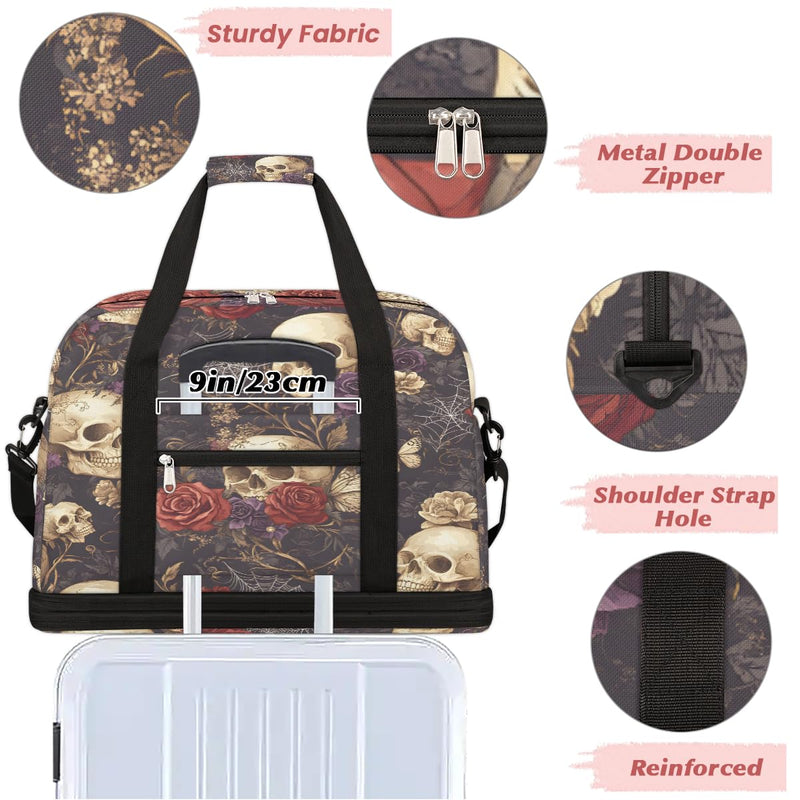 Skull Gothic Rose Flower Travel Duffel Bag Tote Carry On Luggage Sports Gym Bag With Shoe Compartment For Woman Man Overnight Weekend Yoga Workout Training Handbag B-1