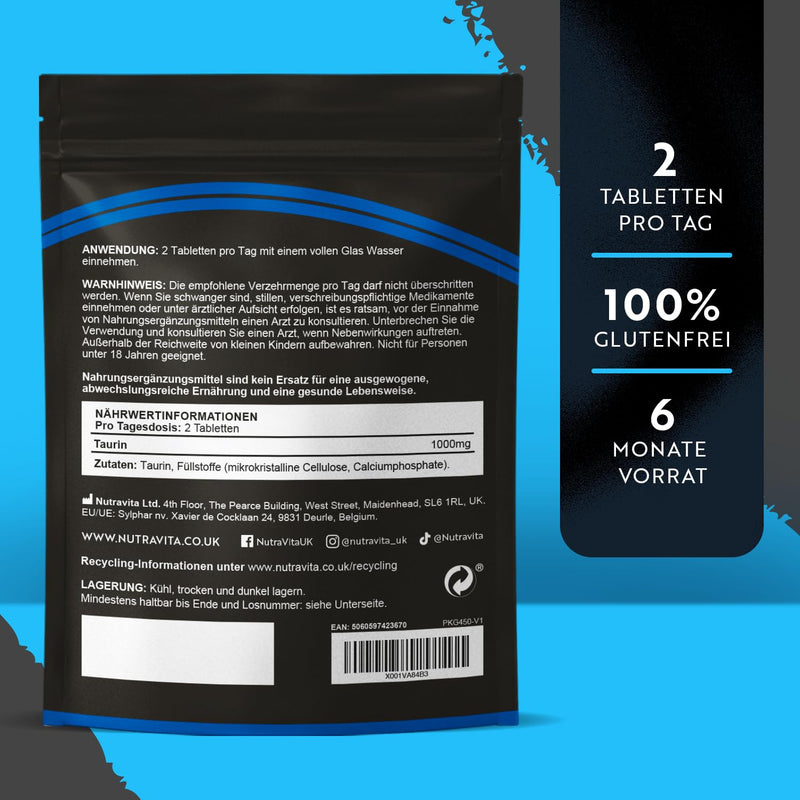 [Australia] - Taurine tablets 1000mg - 180 L Taurine tablets - for pre-workout, gym, sports and fitness - 3 month supply - Taurine capsule alternative - essential Taurine amino acids - Vegan - Nutravita 
