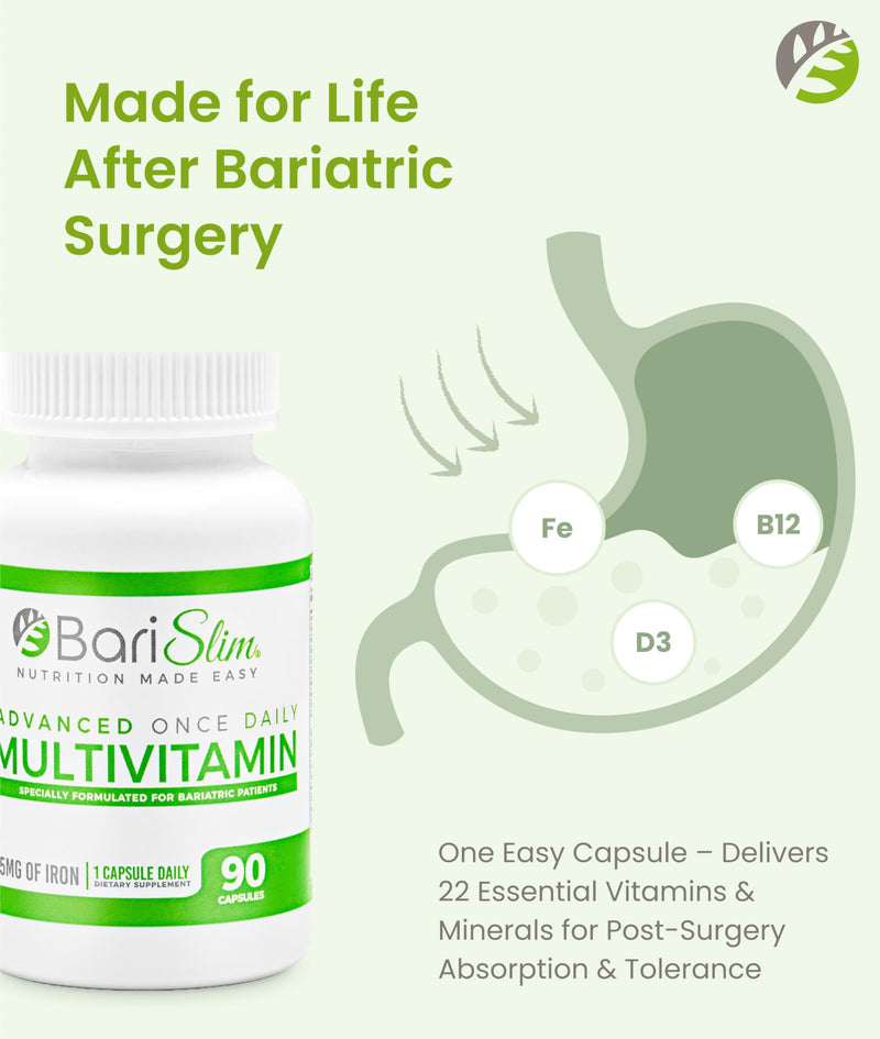 BariSlim Advanced Once Daily Bariatric Multivitamin Capsule - 45 mg of Iron - Bariatric Vitamin for Post Bariatric Surgery Including Gastric Bypass and Gastric Sleeve | 90 Day Supply 90 Count (Pack of 1)