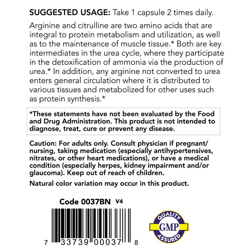 Arginine & Citrulline 500/250mg - 120 Capsules (2 Pack) 120 Count (Pack of 2)