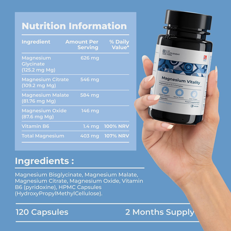 4 in 1 Magnesium Supplements Complex - 1900 mg with Glycinate Citrate Malate & Oxide | High Strength Magnesium 403mg - 120 Capsules & 2 Month Supply | High Absorption