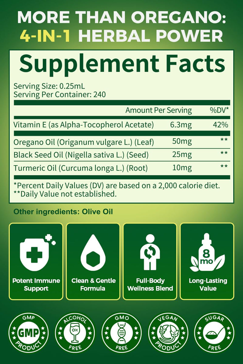 [Australia] - Oil of Oregano with Black Seed Oil, 4 in 1 Oregano Oil Drops with Turmeric Oil & Vitamin E, 80% Carvacrol, Immune, Respiratory, Digestive* ‚Äì Vegan, Sugar-Free, Non-GMO ‚Äì 8 Month Supply, 2 Fl Oz 2 Fl Oz (Pack of 1) 