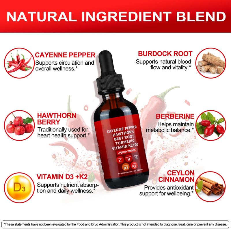 [Australia] - Cayenne Pepper Drops, 2 Pack Cayenne Supplement with Hawthorn Berry, Ceylon Cinnamon, Turmeric & Vitamin D3 K2 Beet Root Powder | Heart & Circulation Support | Winter Wellness Booster 