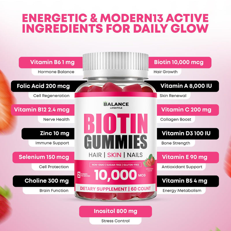 Biotin Gummies 10,000mcg, 60 Vegan Gummies with 7 Essential Vitamins for Hair, Skin & Nails Support, Strawberry Flavour Biotin Supplement Non-GMO, Gluten-Free (Strawberry)