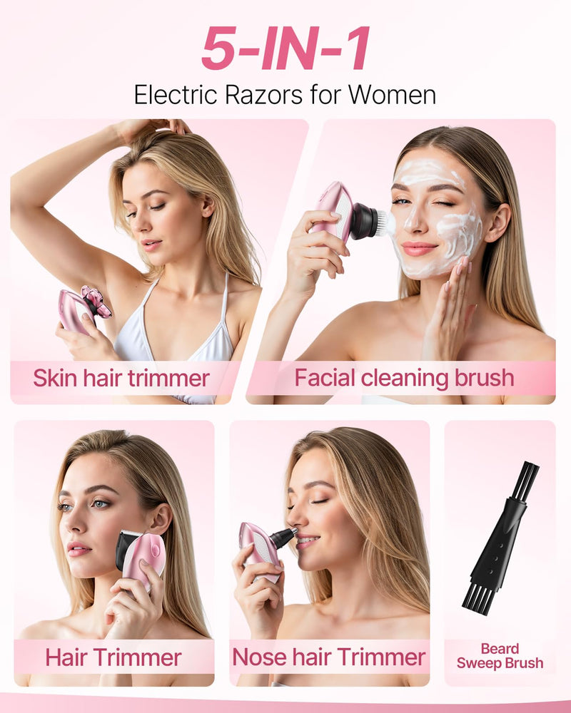Electric Razors for Women, 5-in-1 Rechargeable Body Shaver - Waterproof Wet Dry Hair Remover - Trimmer for Lady Face Underarms Bikini,Lips,arms, Legs Pink