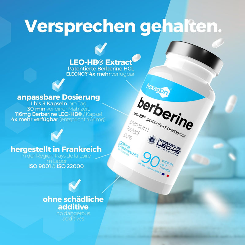 [Australia] - BERBERINE - LEO-HB® Patented, 4x higher bioavailability - Up to 3 months treatment - Berberine HCL - Berberis Aristata - Metabolism & Blood Sugar - Made in France - 90 capsules - Hexagon 