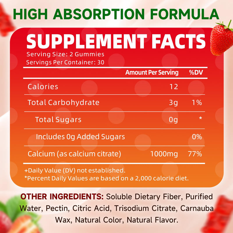 2 Pack Calcium Citrate Gummies, Sugar Free Calcium Citrate 1000mg for Muscle Healthy, Absorption Calcium Supplements for Adults & Kids, Strawberry, 120 Count 60 Count (Pack of 2)