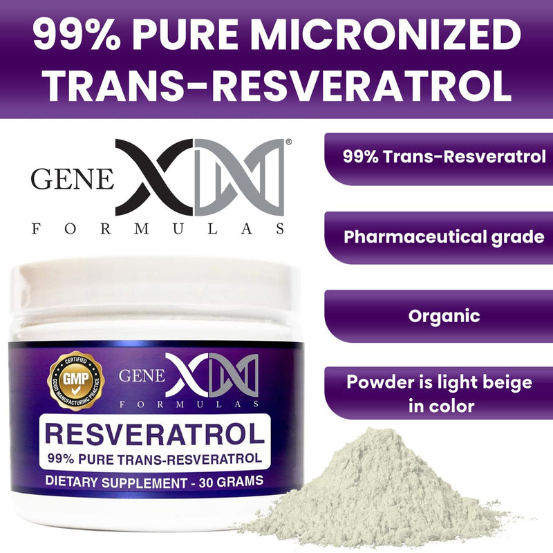 Genex Formulas Trans Resveratrol 1000mg Dose Powder Supplement, 30 Grams | 99% Pure Micronized Pharmaceutical Grade, 1 Gram Per Day 30-Day Supply, Made in a GMP & NSF Certified Facility