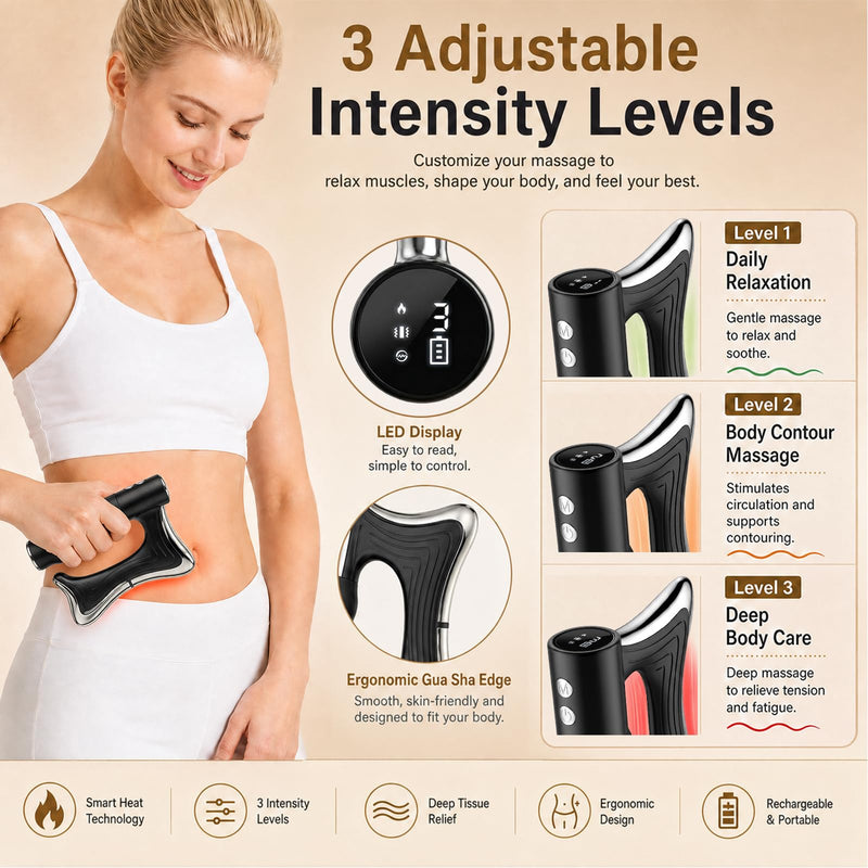 Heated Muscle Scraper Tool Black | 100-115°F Heat & Vibration Electric Fascia Knife with Microcurrent, LED Gua Sha Massager for Muscle Pain Relief, Post-Workout