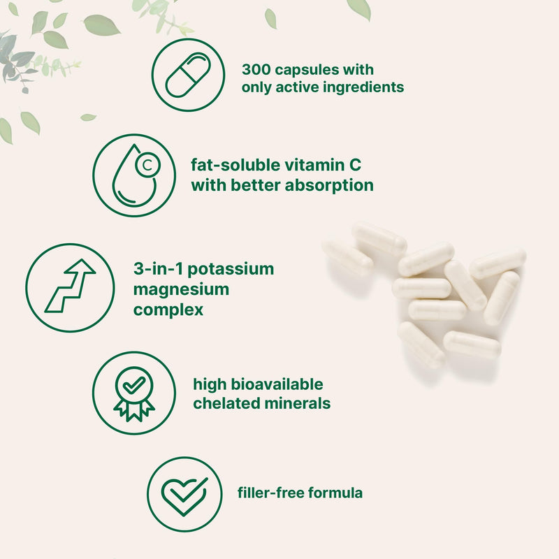 [Australia] - Pure Potassium Supplement with Magnesium Glycinate, 300 Capsules | Enhanced with Fat-Soluble Vitamin C | Chloride + Glycinate Mineral Electrolyte Complex | Only Active Ingredients | Filler Free 