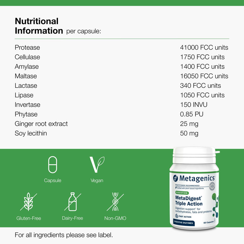 Metagenics MetaDigest Triple Action - Comprehensive Digestive Support with Plant Enzymes and Ginger Extract - 60 Capsules 60 count (Pack of 1)