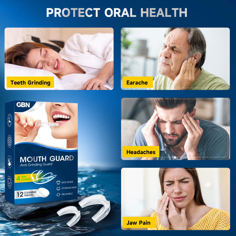 GBN Mouth Guard - Custom Fit Night Guards for Grinding Teeth at Night - Comfortable Mouth Guard - Nightguard with 2 Sizes, 12 Cleaning Tablets